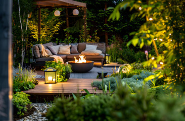 cozy outdoor living seating area with fireplace