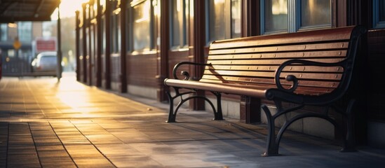 A hardwood bench with a wood stain finish is placed outdoors on the sidewalk in front of a...
