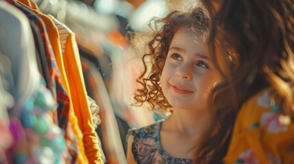 Young girl and her mother standing in street market of clothes on summer day. Vintage clothes in a store on sale. Recycling and life extension for clothes concept. Generative ai
