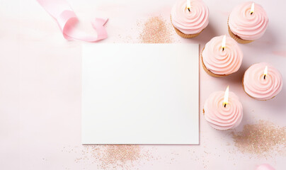 Holiday birthday cupcakes with sprinkles, candles and pink buttercream frosting on light pink white background, copy space. Generative ai