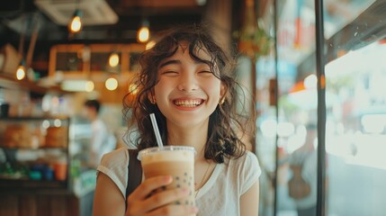 Smiling teenage girl drinking and enjoying Bubble boba milk tea in cup with tapioca pearls, blurred cafe restaurant background. Summer drink concept. Generative ai - obrazy, fototapety, plakaty