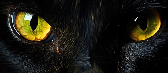In the darkness of the night, a closeup of a black cats bright yellow eyes stands out like a mesmerizing art piece in the midnight jungle - Powered by Adobe