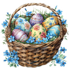 Happy Easter background with eggs in basket, spring flowers and copy space. Greeting card - 755190598
