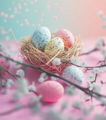 Happy Easter background with eggs in nest, spring flowers and copy space. Greeting card - 755190778