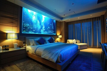 A serene, water-themed luxury hotel bedroom with an integrated aquarium wall,