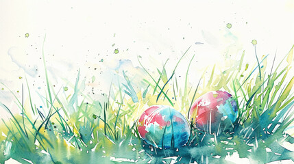 Happy Easter card in light pastel style, watercolor painting with eggs and flowers - 755190941