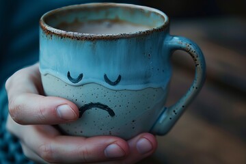 A person is holding a sad face drawn on a coffee cup. The cup is made of porcelain and has a unique font design. It is a creative piece of tableware