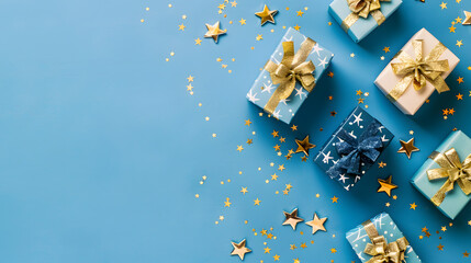 christmas presents for product presentation on a blue background with extra copy space