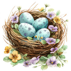 Happy Easter background with eggs in basket, spring flowers and copy space. Greeting card - 755190987