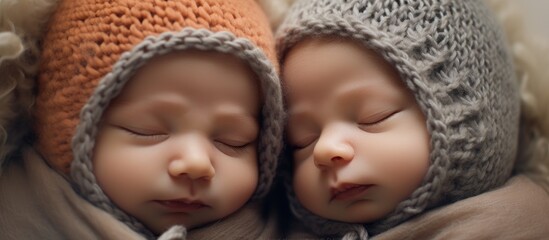 Two newborn babies with knitted caps are peacefully sleeping next to each other, their tiny noses, cheeks, and eyebrows visible under the soft fabric