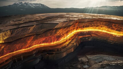 Visualization of the Earth's core with streams of lava and a cutaway view of the geological layers. - obrazy, fototapety, plakaty