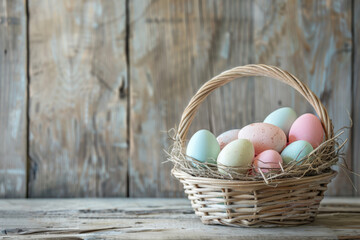 Colorful Easter eggs in basket on wooden desk. Seasonal background for holiday card, vintage style - 755191399