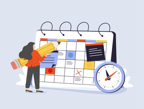 Time management woman concept. Young girl sitting near calendar. Planning and scheduling. Organization of effective work