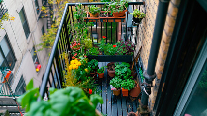 Fototapeta na wymiar Urban balcony organic garden. Summer Vegetable gardening in the city