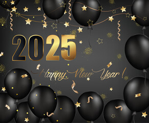 card or banner to wish a happy new year 2025 in gold and black with black balloons on a gray gradient background with stars and gold-colored streamers
