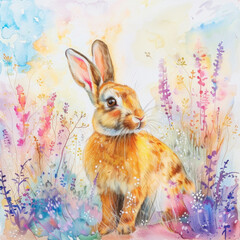 Watercolor colorful illustration of cute Easter bunny, seasonal greeting card - 755191710