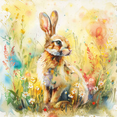 Watercolor colorful illustration of cute Easter bunny, seasonal greeting card - 755191768