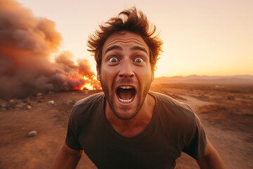 A shocked man takes a selfie with a forest fire at dusk in a remote desert.  - obrazy, fototapety, plakaty