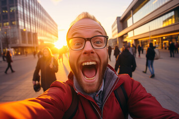 A cheerful man takes a selfie with a vibrant sunset in the background as people walk along an urban street during a holiday trip