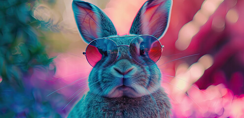 Cool DJ rabbit in sunglasses in colorful neon light, funny Easter design - obrazy, fototapety, plakaty