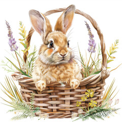 Watercolor illustration of cute Easter bunny isolated on white, seasonal greeting card - 755192161