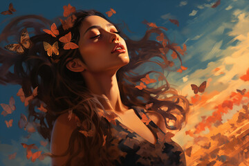 Malerei wunderschöne braunhaarige Frau, Schmetterlinge liegen aus den Haaren