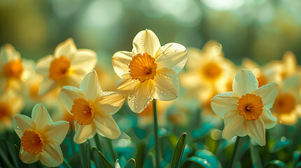 Close-up photo of vibrant daffodils bathed in warm spring sunshine. Perfect for adding a cheerful touch to greeting cards, spring-themed marketing materials, website banners and more.
