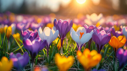 Close-up photo of delicate crocuses bathed in soft spring sunlight, a charming addition to...