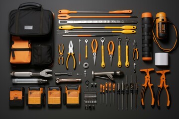 Organized Set electrician tools on table. Object technician equipment supply repair. Generate Ai