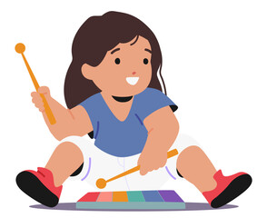 Delightful Little Child Sits On The Floor With A Rainbow Xylophone. Baby Girl Character With Wide Focused Eyes