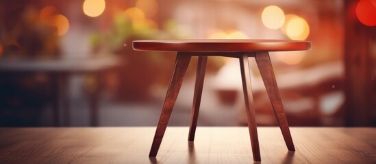 A small wooden stool is placed on top of a wooden table in a simple indoor setting. The stool is neatly positioned on the tables surface, creating a minimalist yet functional look. - obrazy, fototapety, plakaty