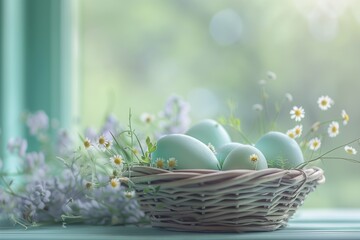 A basket containing Easter eggs and flowers sits on a window sill, showcasing a mix of natural foods and terrestrial plants with colorful fruit and grass family ingredients