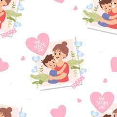 Seamless pattern with portrait happy woman with son