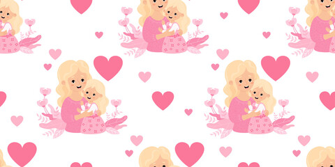 Seamless pattern with happy blonde woman with  daughter in pink