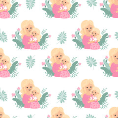 Seamless pattern with blonde woman  with  daughter
