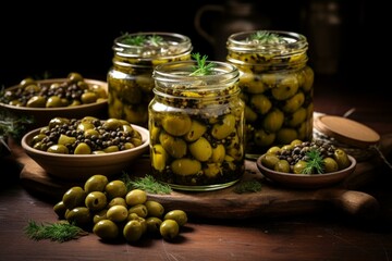 Tangy Set pickled capers. Canning sauce food. Generate Ai
