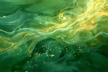 Green emerald water with sparkle lights, golden details background