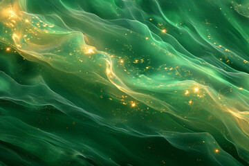 Green emerald water with sparkle lights, golden details background