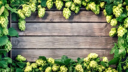 Wooden background with fresh green hop frame