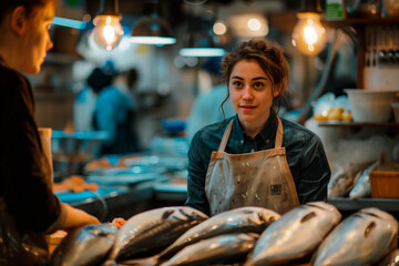 Saleswoman is standing behind a counter with a fish display - obrazy, fototapety, plakaty