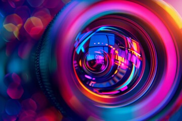 A close up of a camera lens with a colorful background, including shades of purple, violet,...
