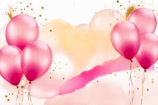 Gold and pink foil balloons on a pastel pink background with copy space. Modern watercolor background or elegant card design for birthday invite or wedding with golden splashes. 