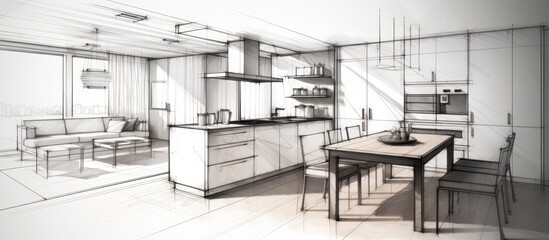 The drawing depicts an unfinished project of a minimalistic modern kitchen with a dining area. The sketch showcases a table, chairs, and a parquet floor, reflecting an abstract interior design concept