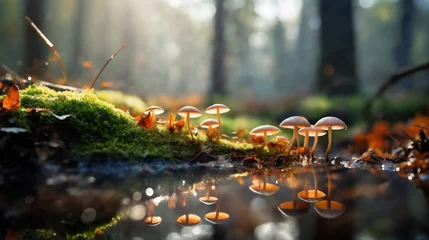 Tuinposter a beautiful autumn landscape with mushrooms and fallen leaves in a forest glade at sunset, sunlight and beautiful nature, reflection in a puddle of water © soleg