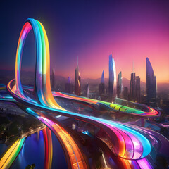 A futuristic city with a gravity rainbow transport system.