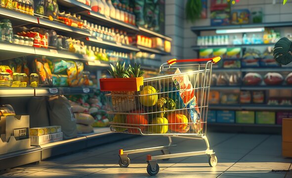 Einkaufswagen mit gesunden Lebensmitteln im Supermarkt, Konzept gesunde Ernährung, Inflation