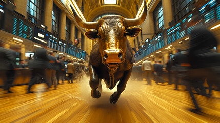 Bull Market - Bull running across floor of stock exchange - up stock market - stock prices increasing - close-up shot  - obrazy, fototapety, plakaty