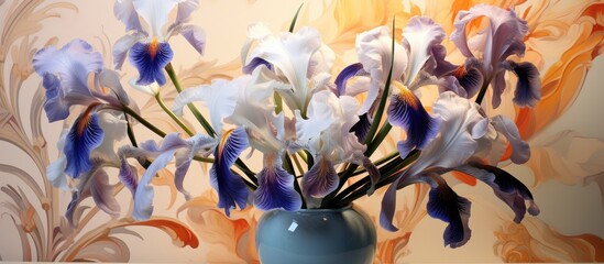 A blue vase is filled with a bunch of white and purple iris flowers against a backdrop of decorative wallpaper.