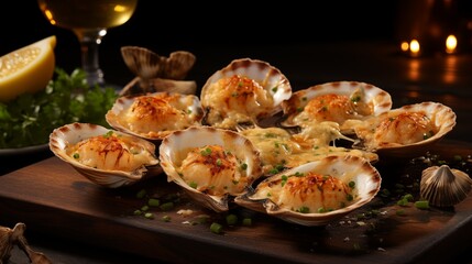 Food photography, baked  scallops in half shells 