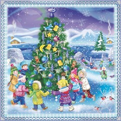 christmas greeting card 
Christmas, children dancing around the New Year tree in a snowy village